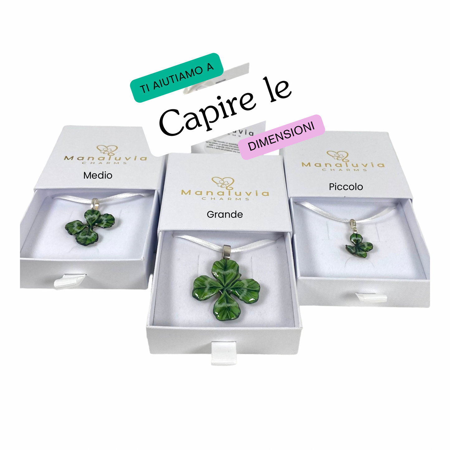 Manaluvia, "Charm quadrifoglio portafortuna” vero, dipinto e resinato, gancio in argento 925 N.02