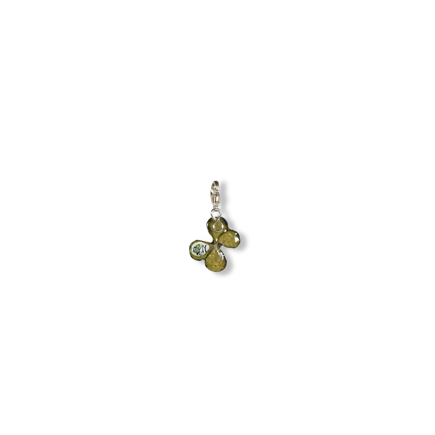 Manaluvia, "charm quadrifoglio portafortuna” vero, dipinto e resinato, gancio in argento 925 N.10A