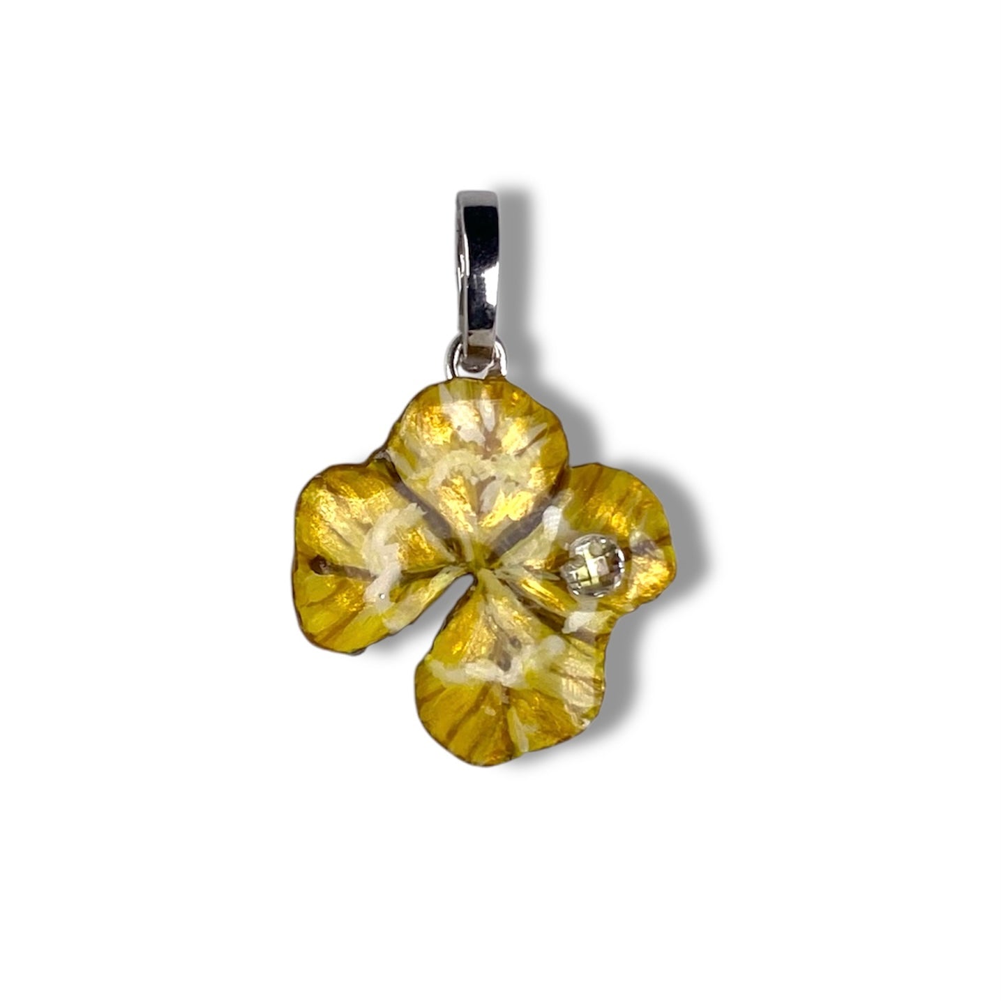Chakra Manipura, ciondolo, vero quadrifoglio, dipinto di giallo e oro, con zircone brillante.