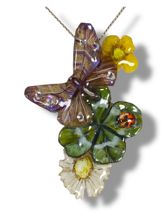 Ciondolo in Resina con Vero Quadrifoglio, veri fiori, Gancio in Argento 925