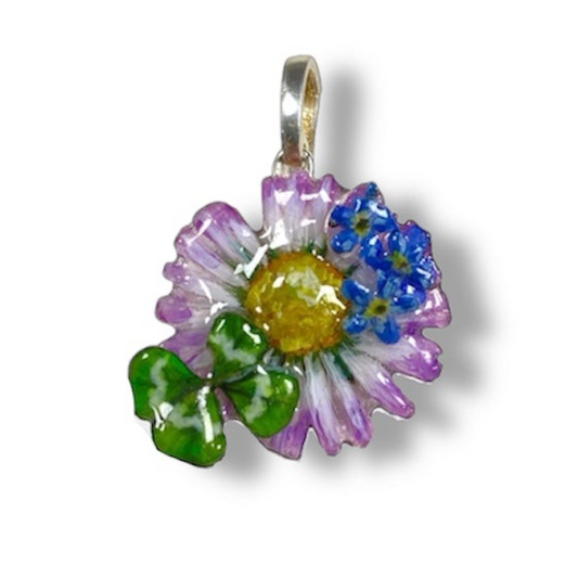 Ciondolo naturale: Vera margherita e quadrifoglio con gancio in argento 925 N. 01 Fiori