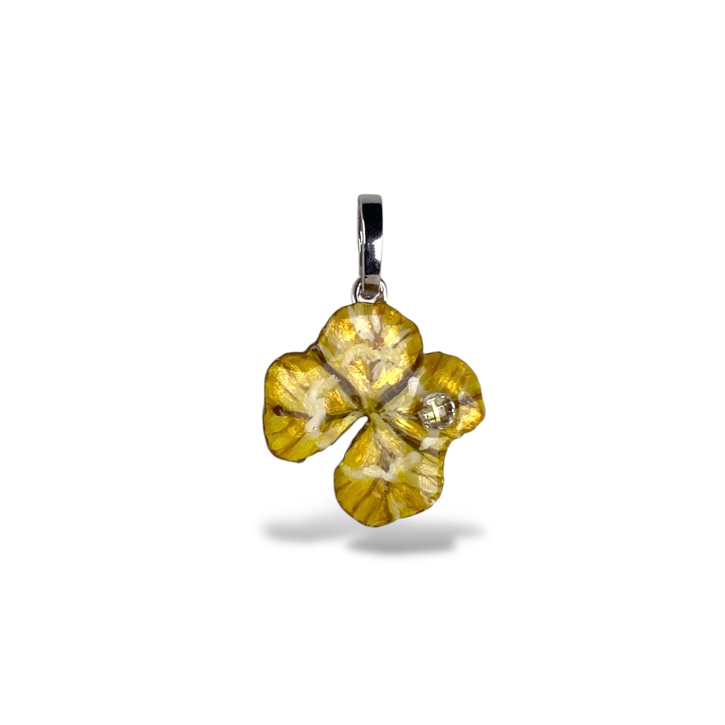 Chakra Manipura, ciondolo, vero quadrifoglio, dipinto di giallo e oro, con zircone brillante.