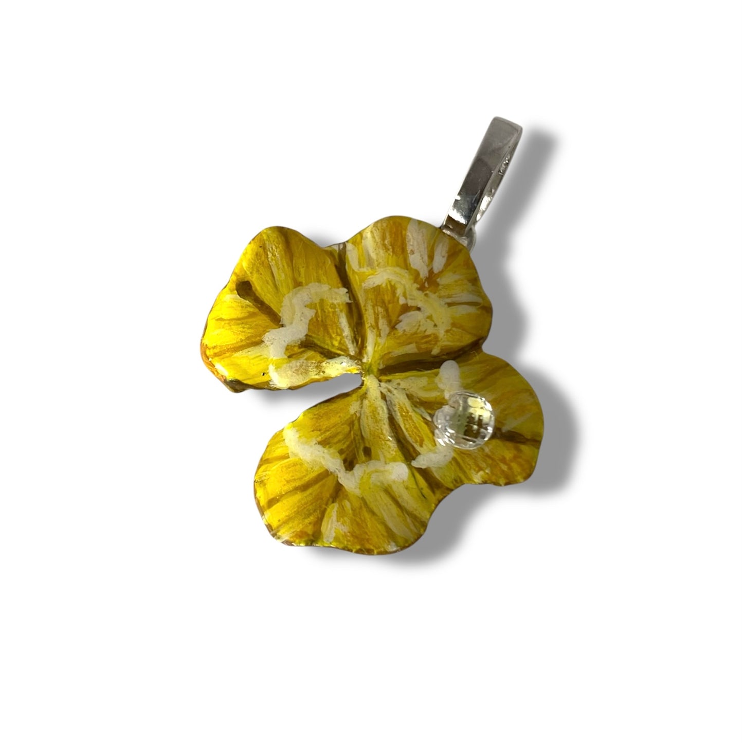 Chakra Manipura, ciondolo, vero quadrifoglio, dipinto di giallo e oro, con zircone brillante.