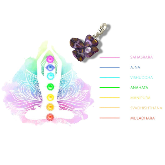 Chakra Sahasrara, ciondolo quadrifoglio dipinto viola e oro, con zircone e gancio in argento.