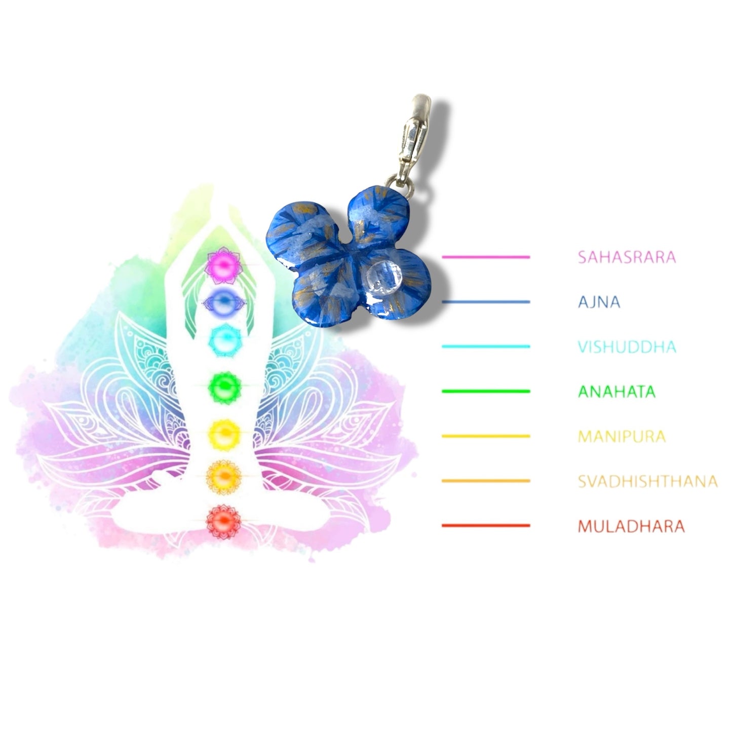Chakra Ajana, pendente con quadrifoglio indaco/azzurro e oro, con zircone.