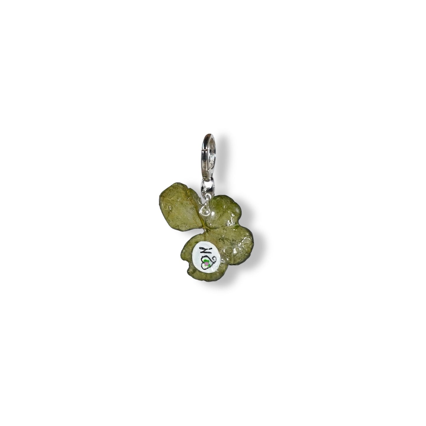 Manaluvia, "Charm quadrifoglio portafortuna” vero, dipinto e resinato, coccinella dipinta, gancio in argento 925 N.07