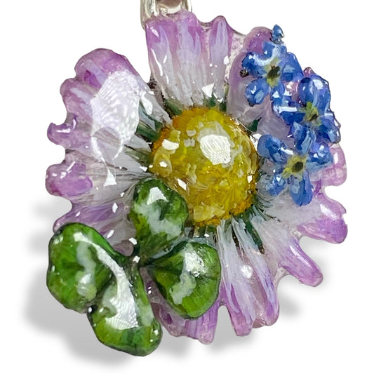 Ciondolo naturale: Vera margherita e quadrifoglio con gancio in argento 925 N. 01 Fiori
