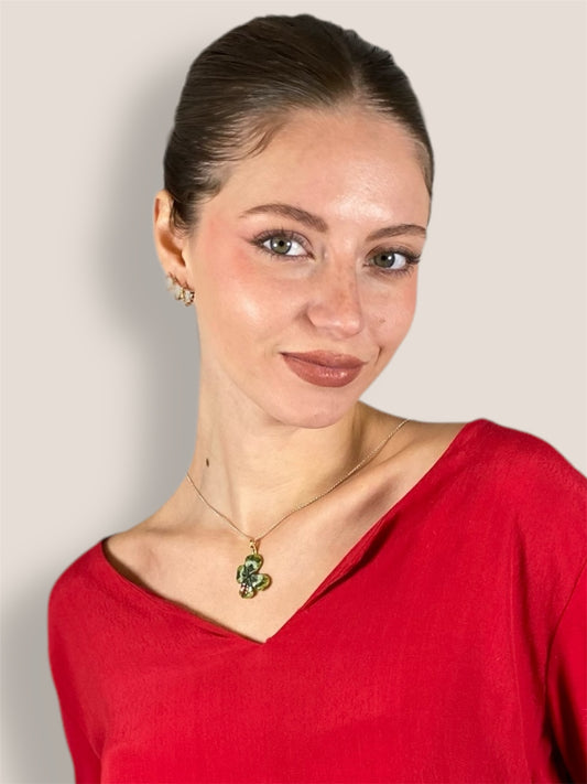 Ciondolo portafortuna con quadrifoglio e coccinella – gancio in argento rosato, N13