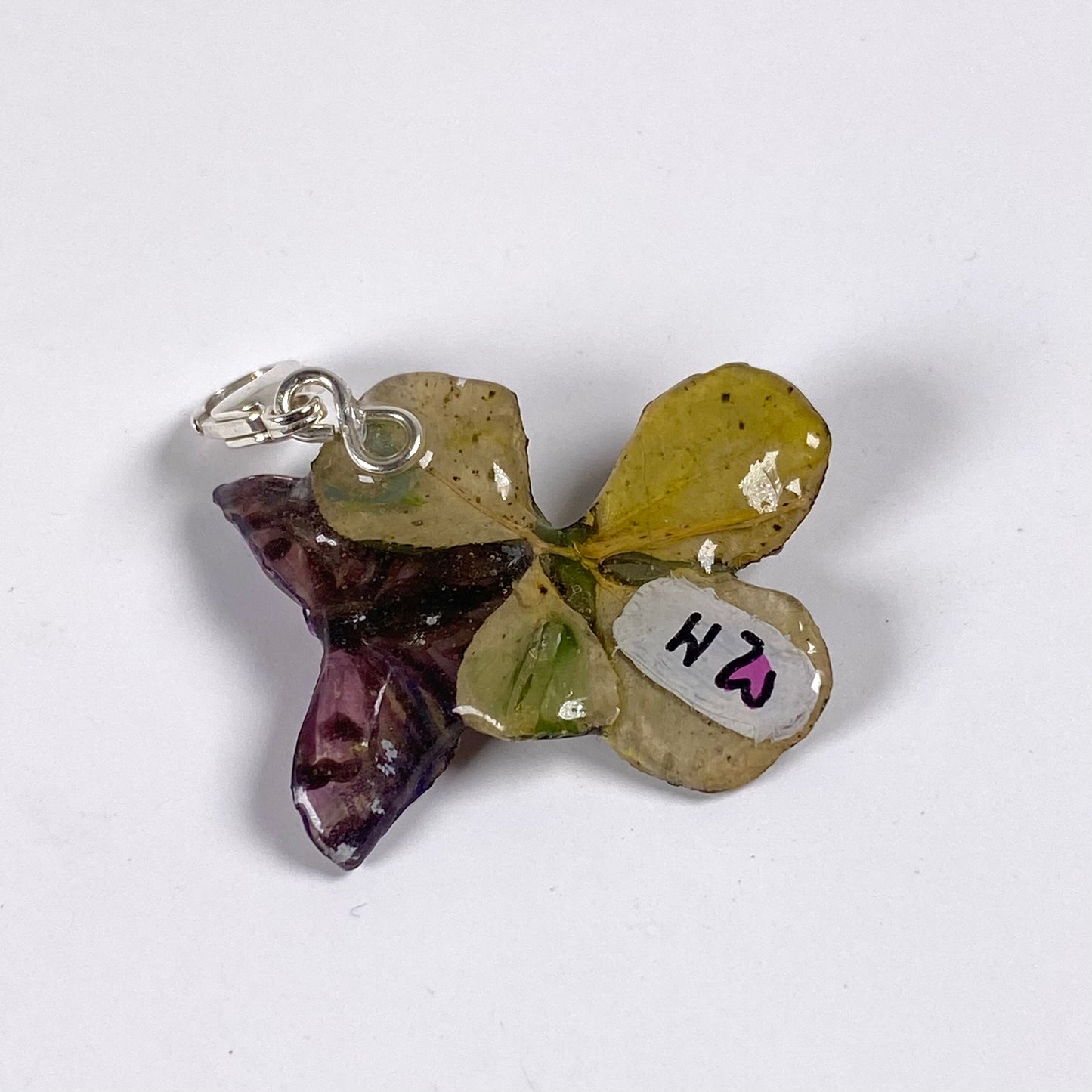 Ciondolo con quadrifoglio vero, coccinella e farfalla dipinte con gancio in argento N 02 fiori