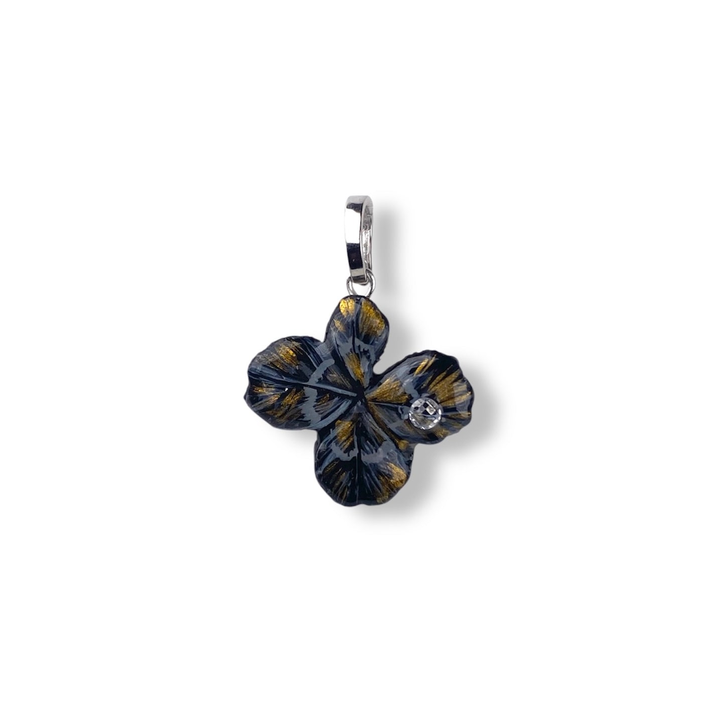 Chakra, ciondolo con quadrifoglio portafortuna, nero con zircone.