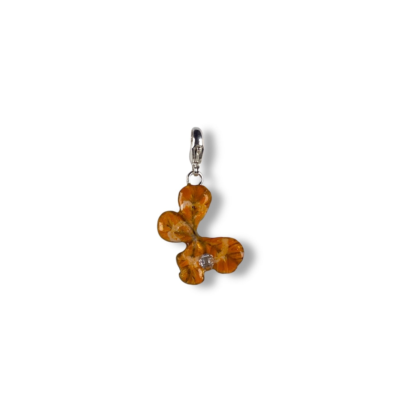 Chakra Svadhishthana, charm quadrifoglio, arancione con zircone.