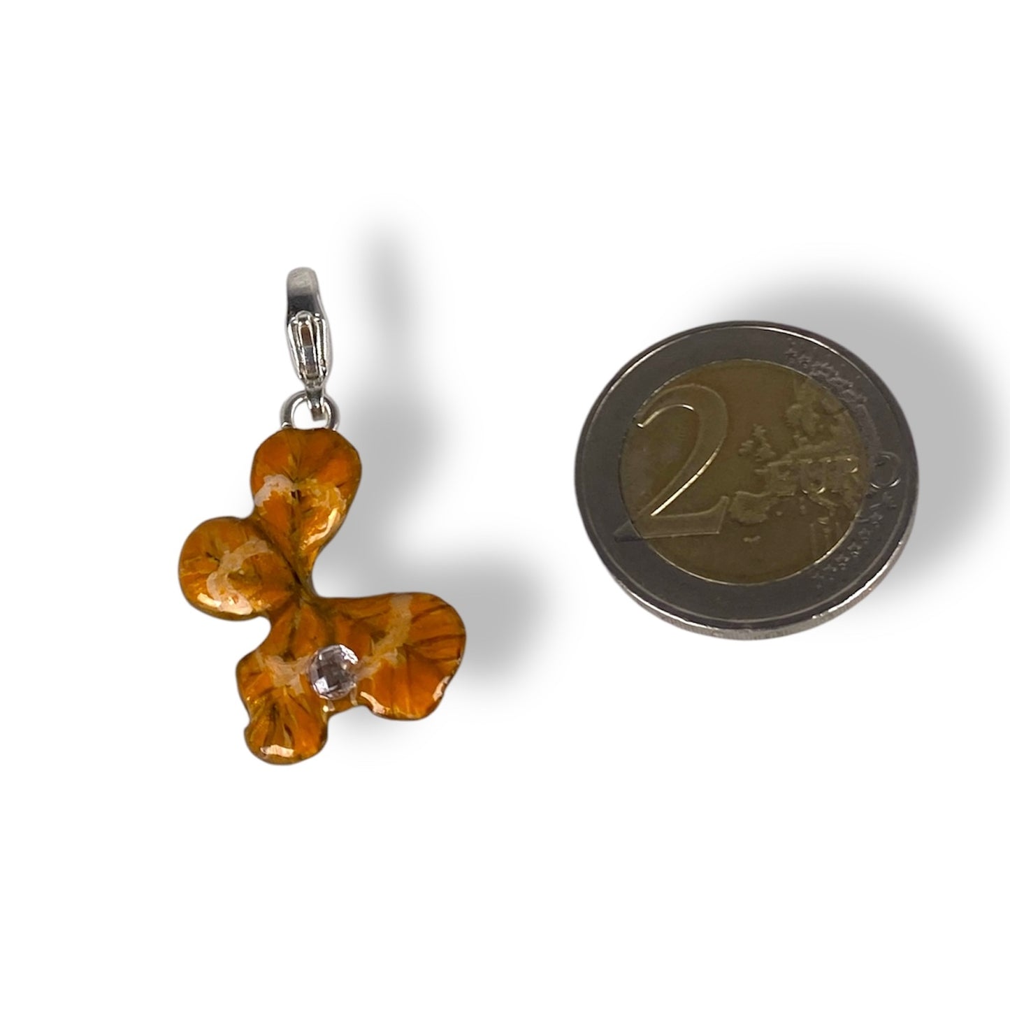 Chakra Svadhishthana, charm quadrifoglio, arancione con zircone.