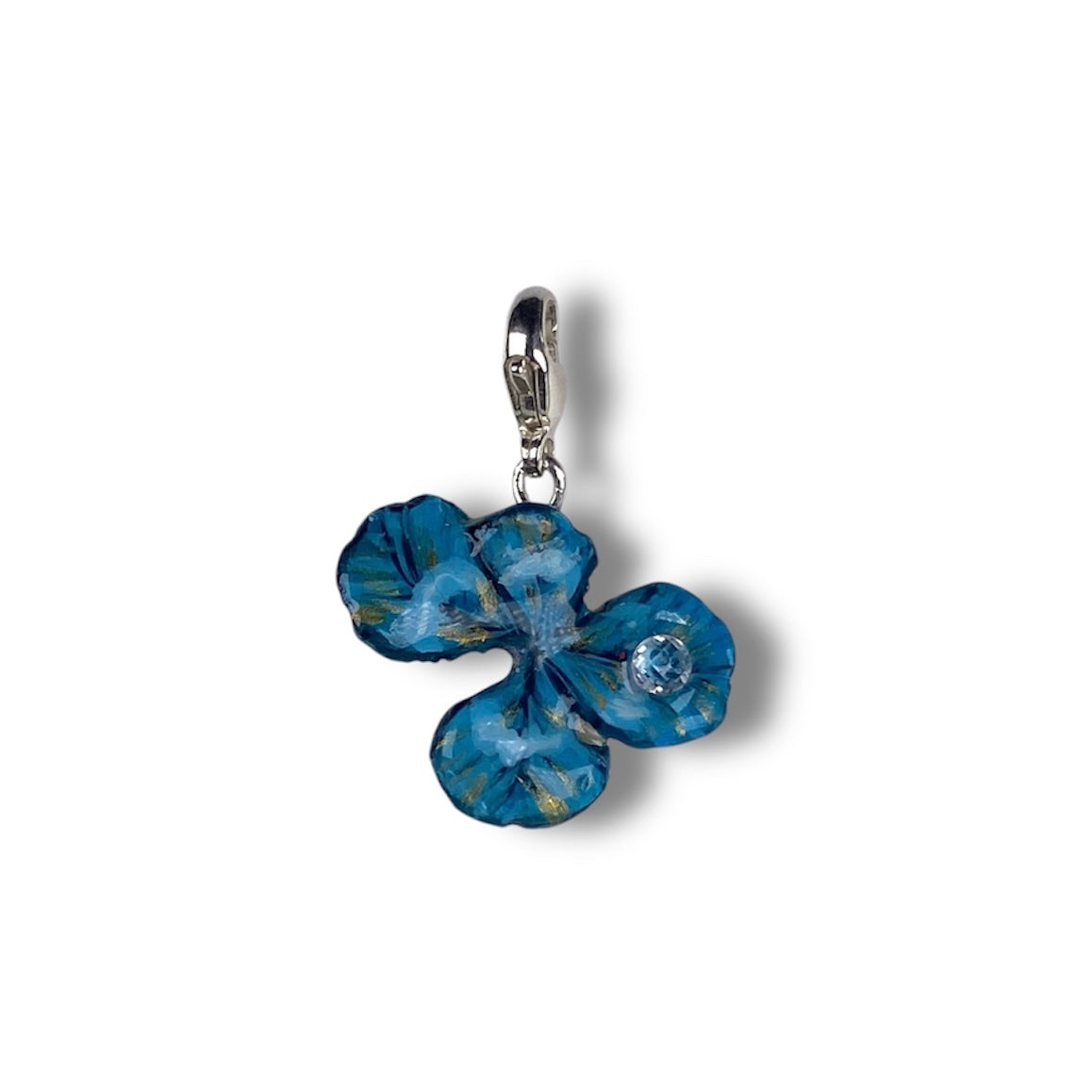 Chakra Vishuddha, ciondolo vero quadrifoglio, dipinto in azzurro e con zircone