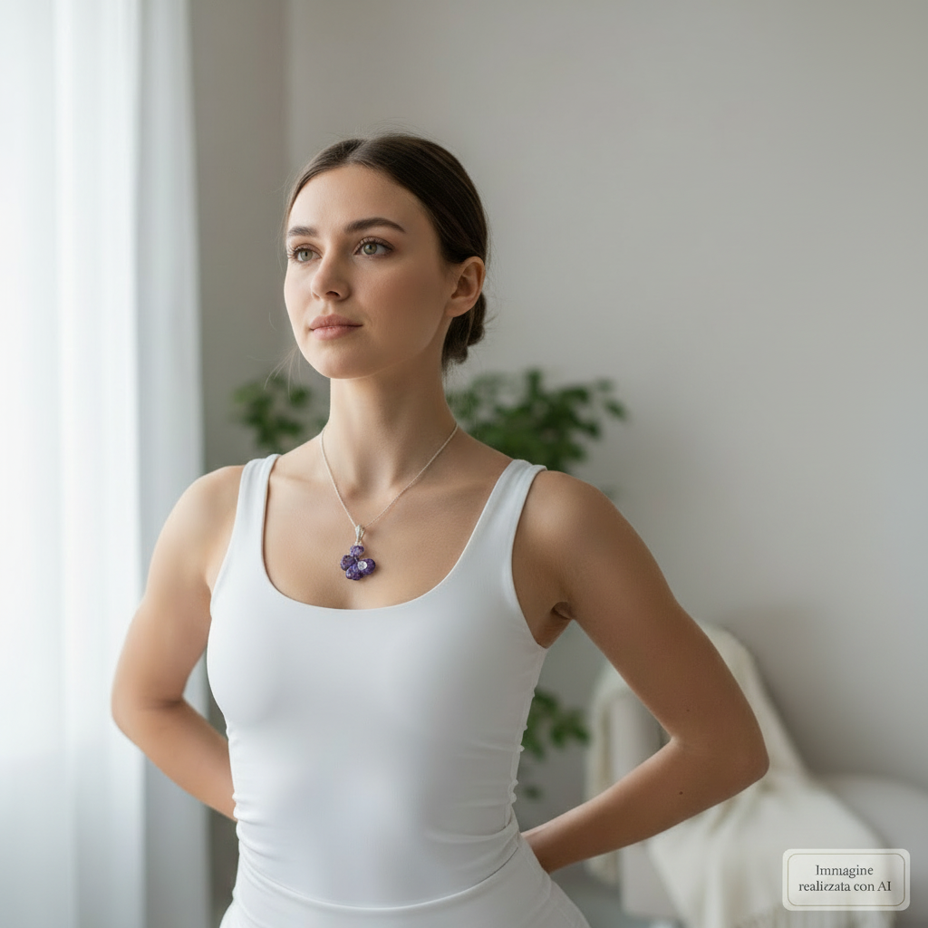 Chakra Ajana, ciondolo con quadrifoglio indaco/ violetto e oro con gancio in argento e zircone
