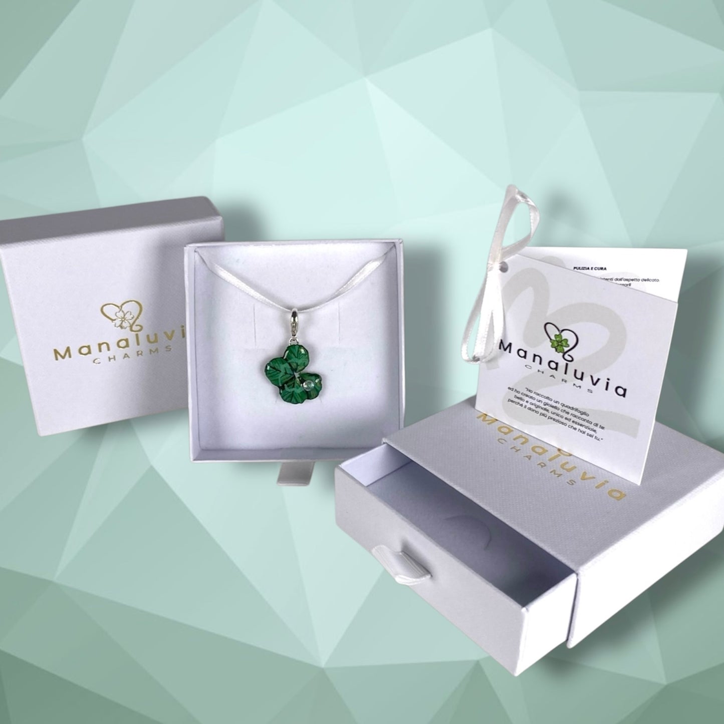 Chakra Anahata, ciondolo quadrifoglio, verde brillante con zircone.