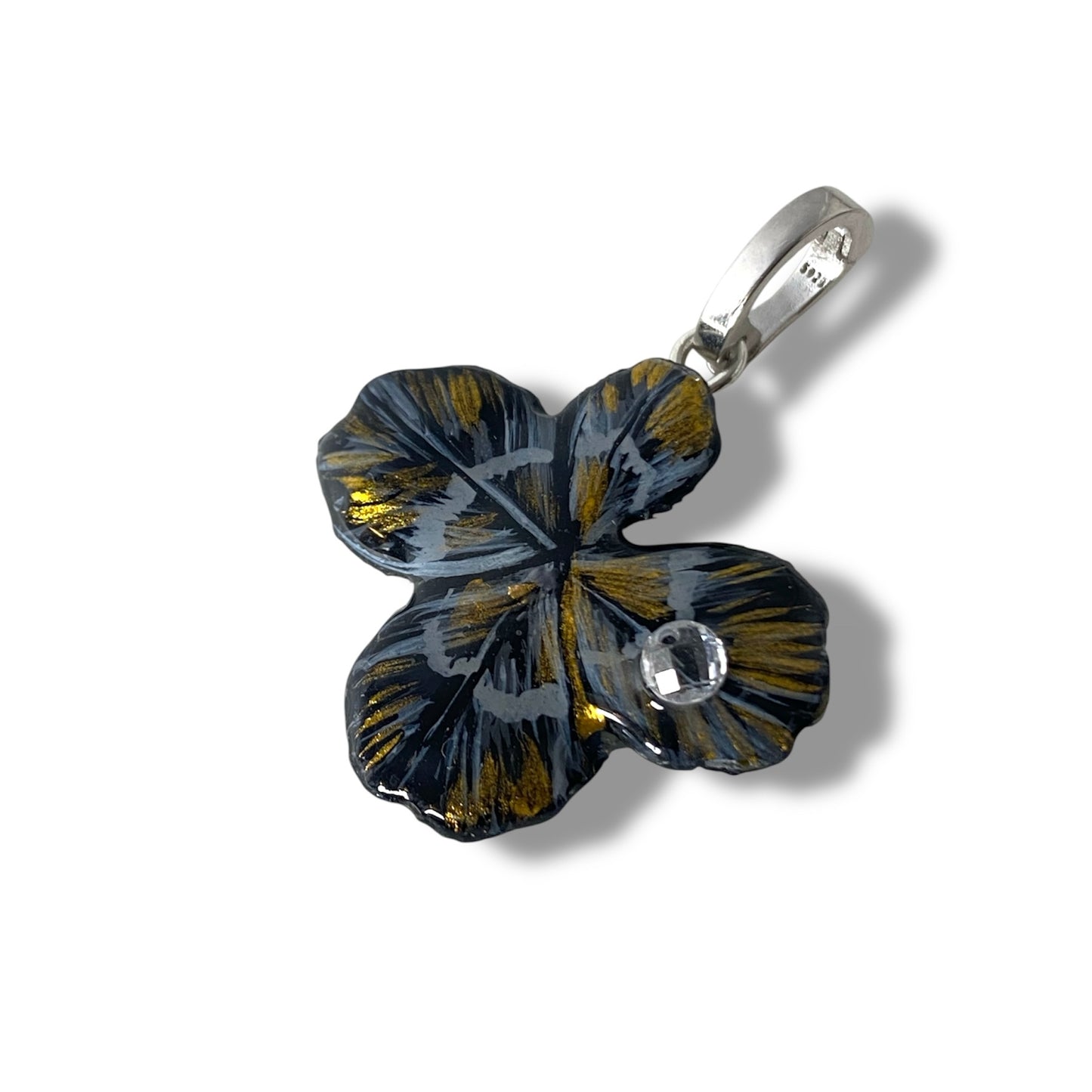 Chakra, ciondolo con quadrifoglio portafortuna, nero con zircone.