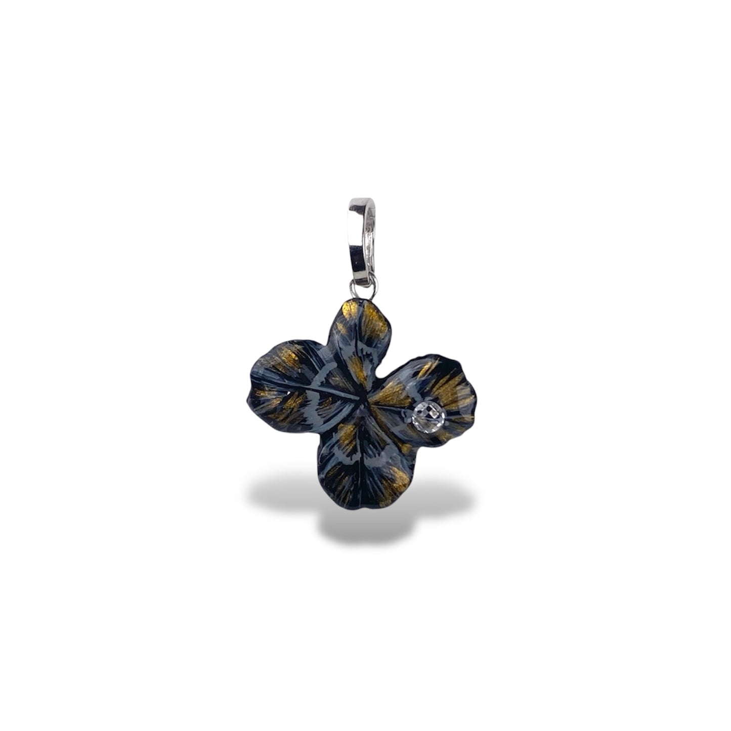 Chakra, ciondolo con quadrifoglio portafortuna, nero con zircone.