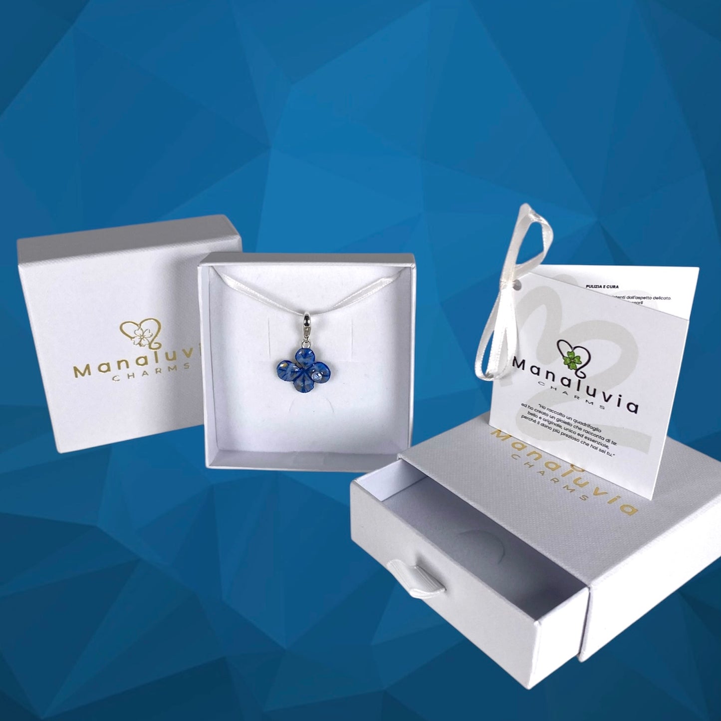 Chakra Ajana, pendente con quadrifoglio indaco/azzurro e oro, con zircone.