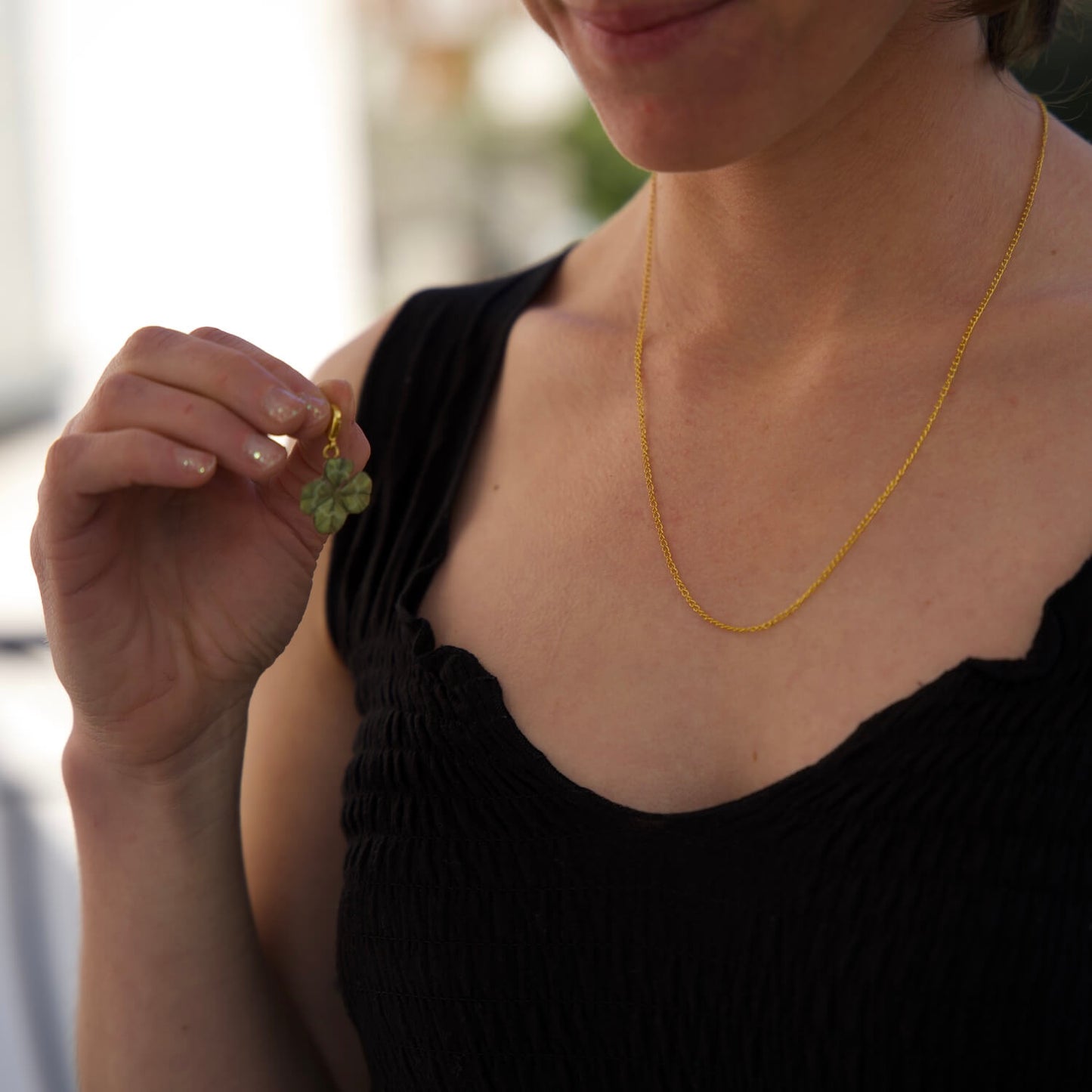 Collana con charm vero quadrifoglio verde