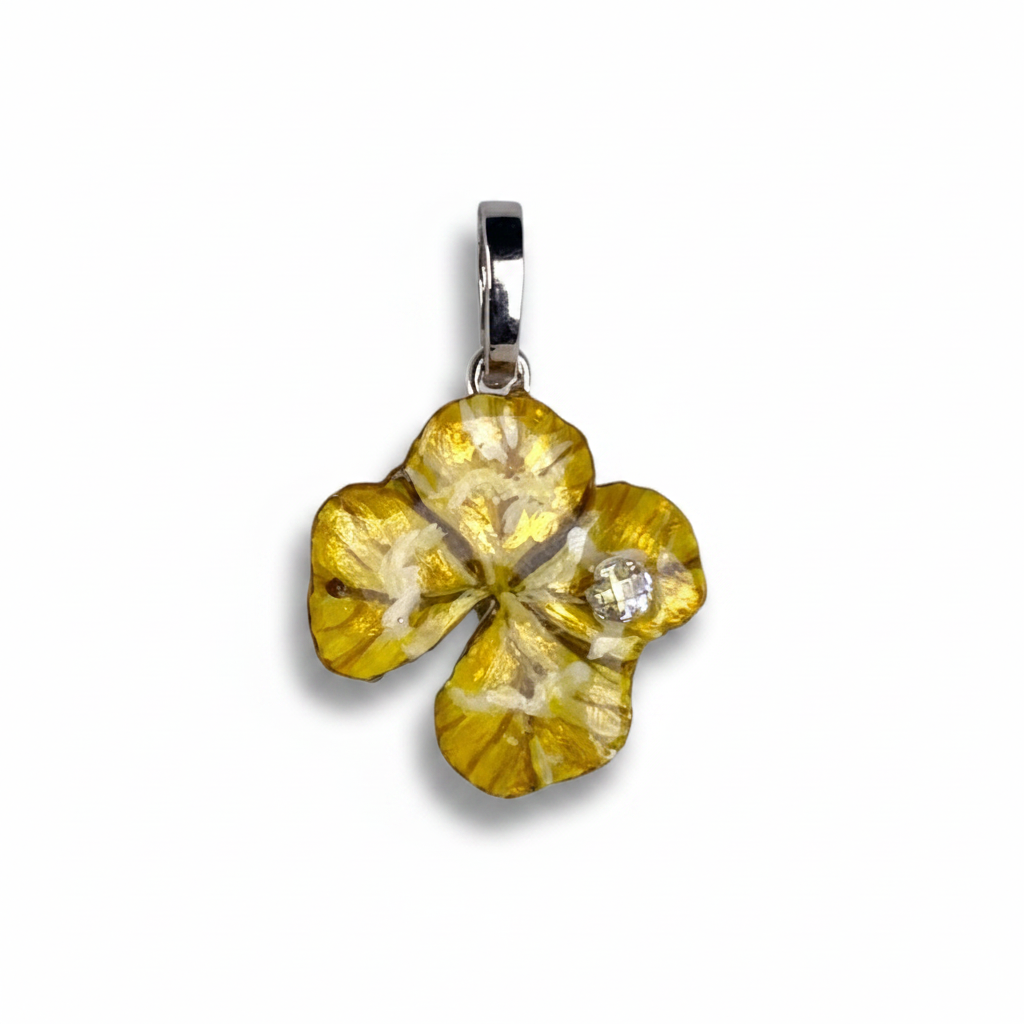 Chakra Manipura, ciondolo, vero quadrifoglio, dipinto di giallo e oro, con zircone brillante.
