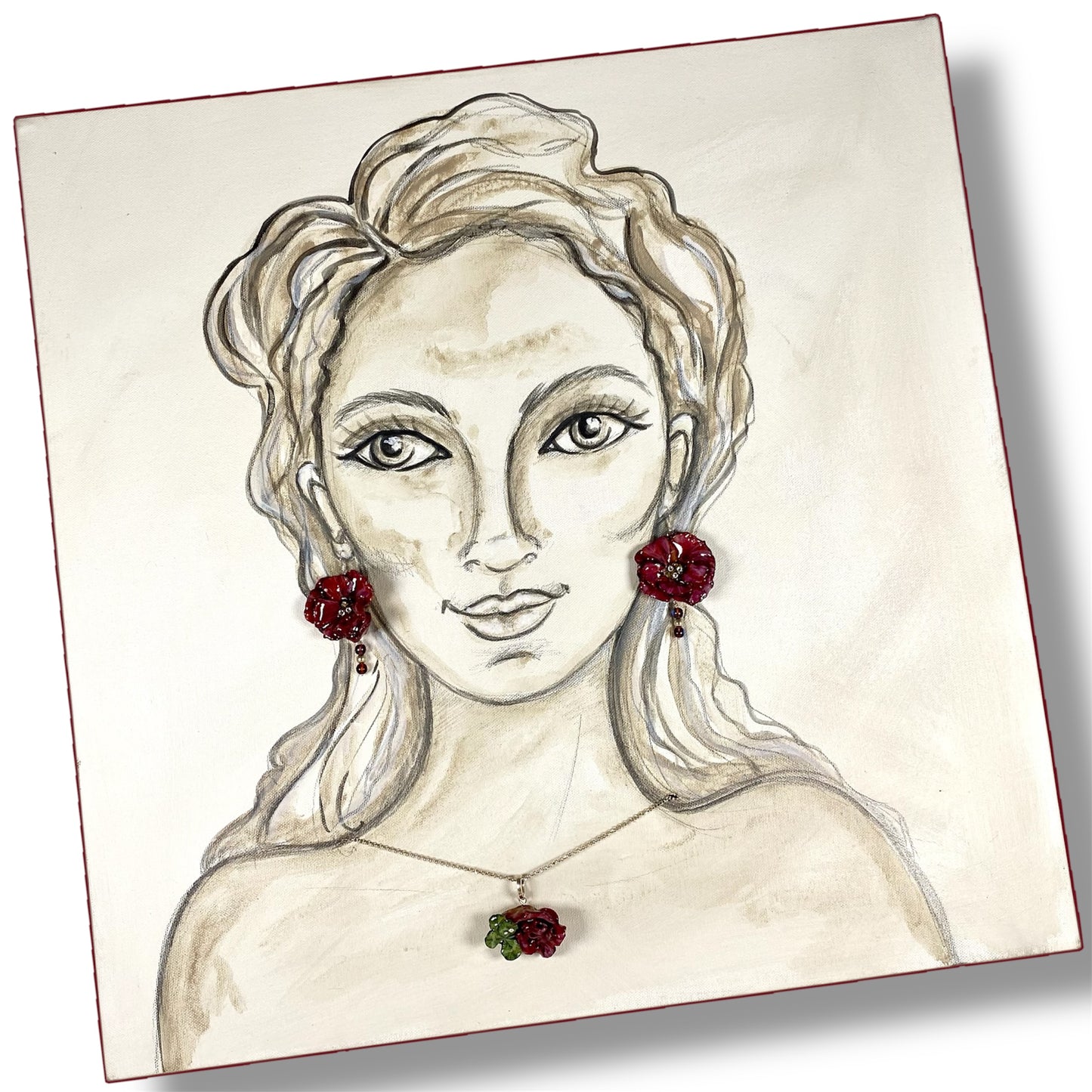 Parure floreale, con quadrifoglio portafortuna e catena in argento