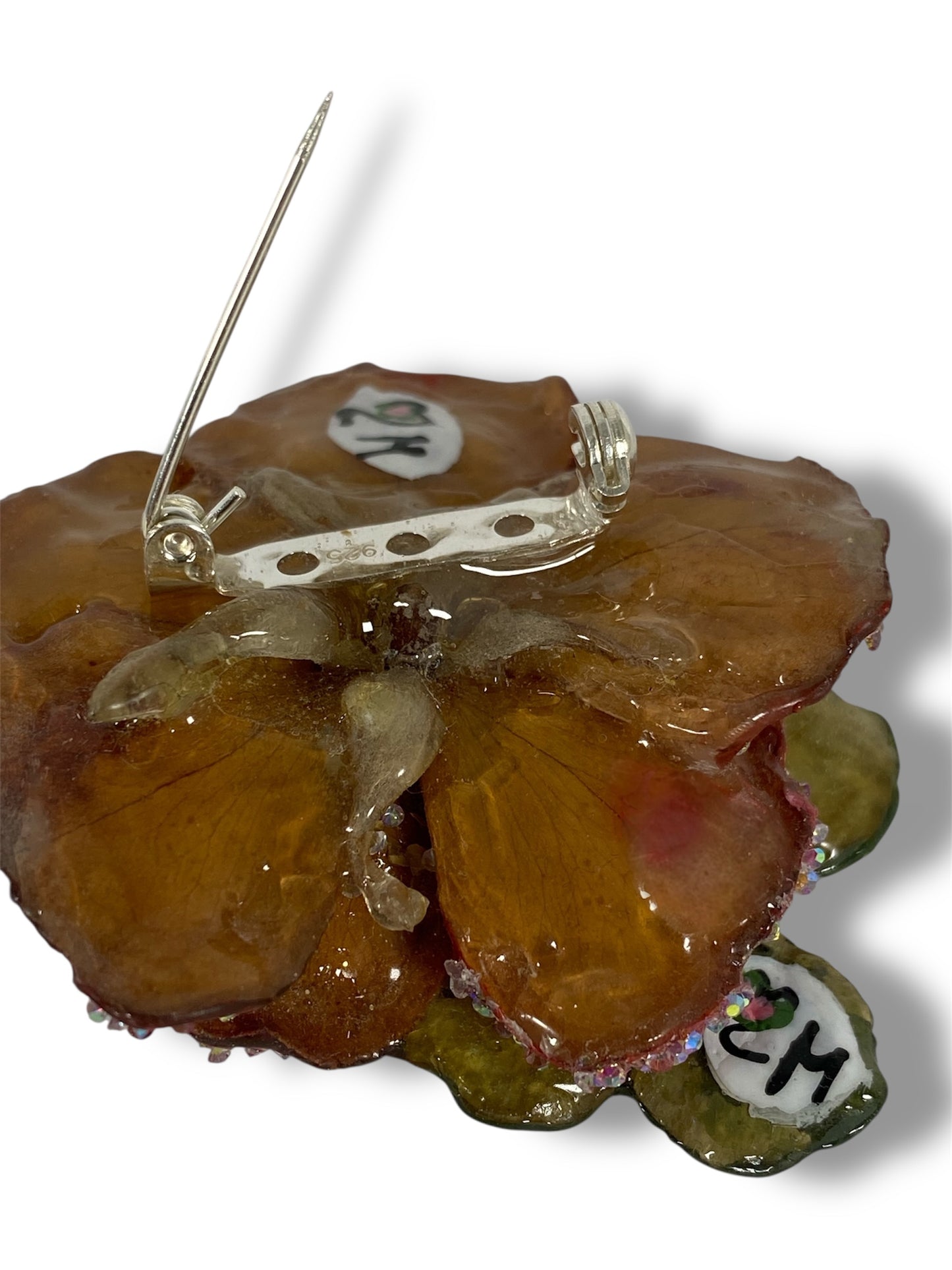 Spilla con Vera Rosa e Vero Quadrifoglio  – Gioiello Artigianale con Cristalli