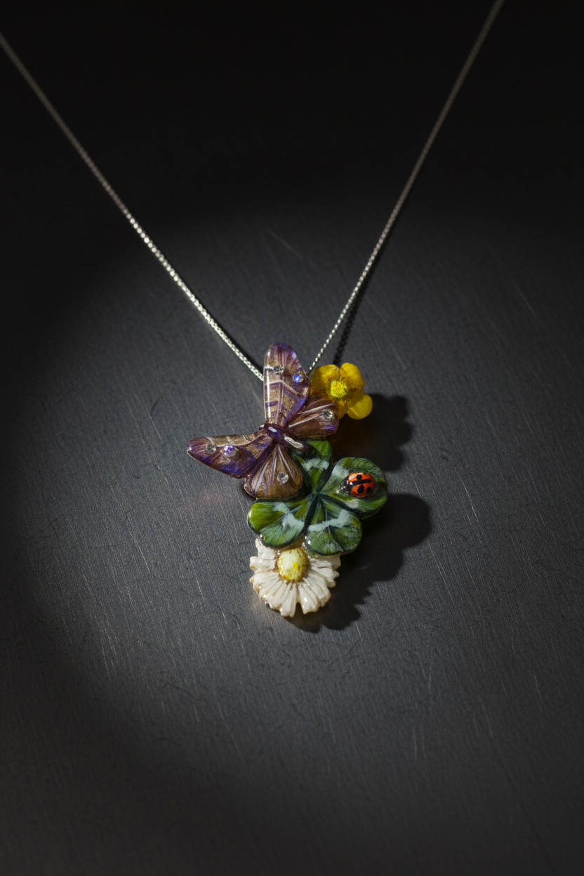 Ciondolo in Resina con Vero Quadrifoglio, veri fiori, Gancio in Argento 925