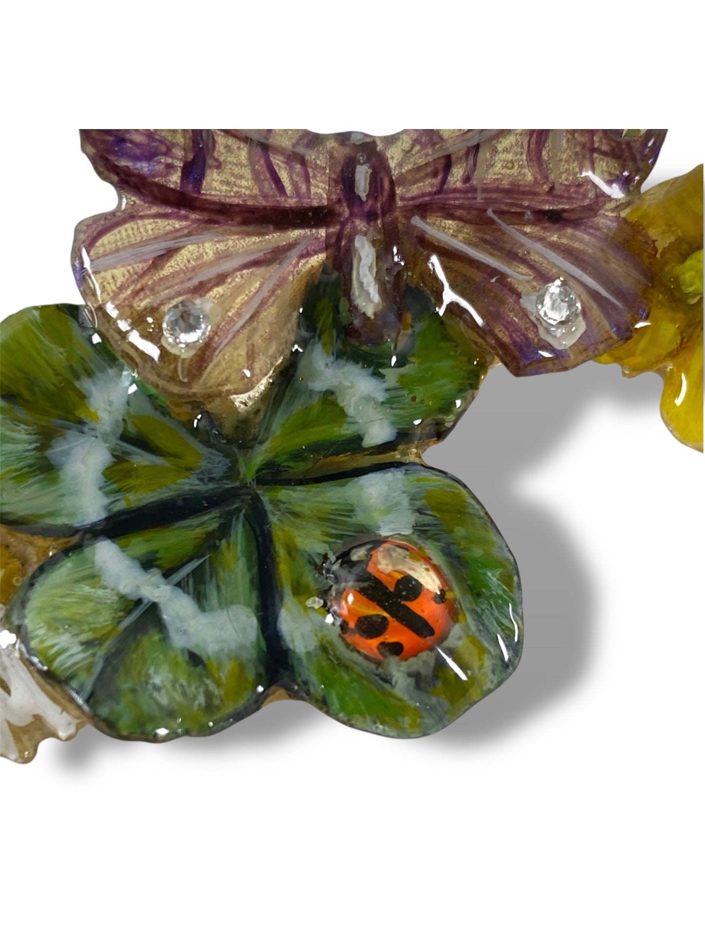 Ciondolo in Resina con Vero Quadrifoglio, veri fiori, Gancio in Argento 925
