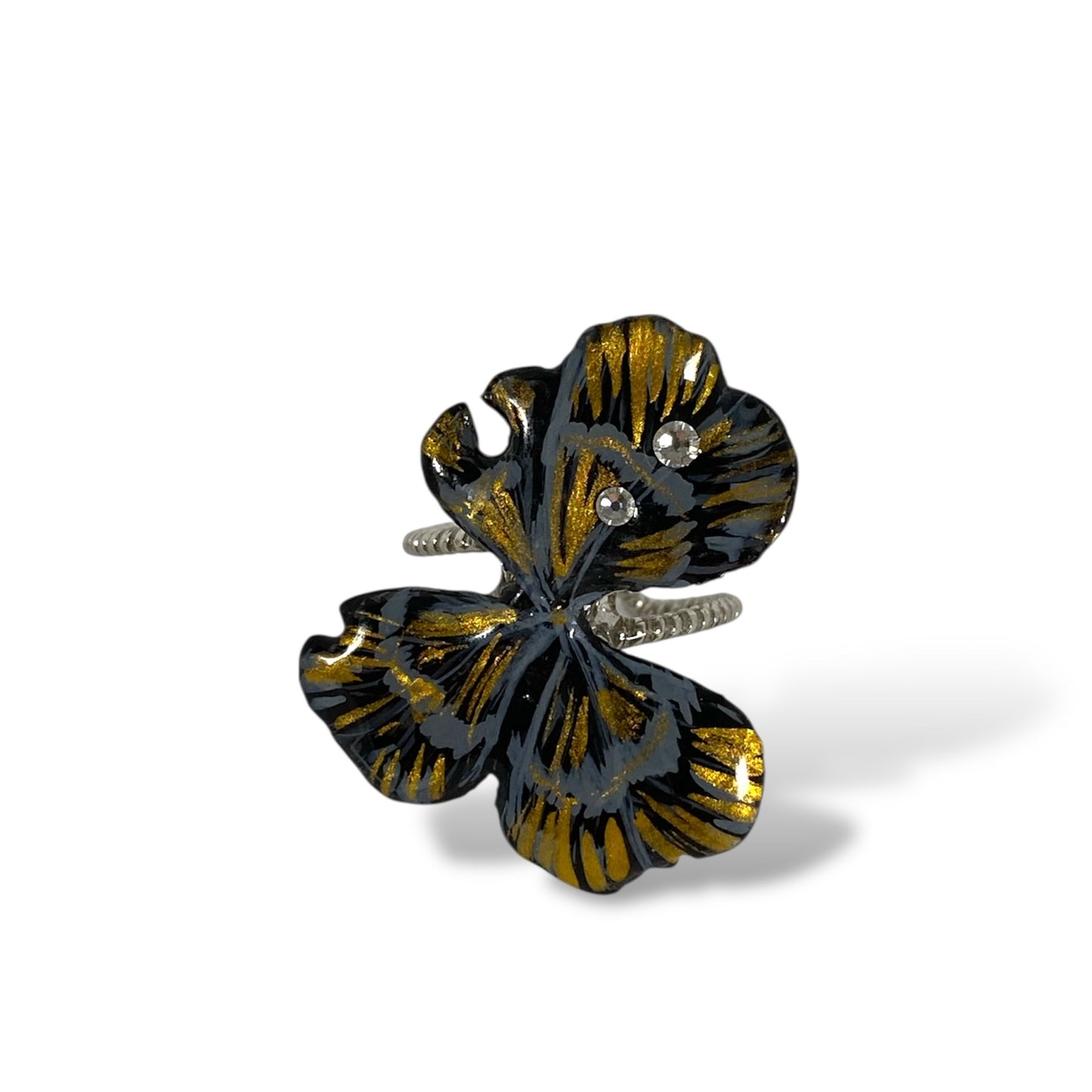 Anello in argento con quadrifoglio, dipinto di nero e oro con brillantini Swarovski