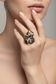 Anello in argento con quadrifoglio, dipinto di nero e oro con brillantini Swarovski