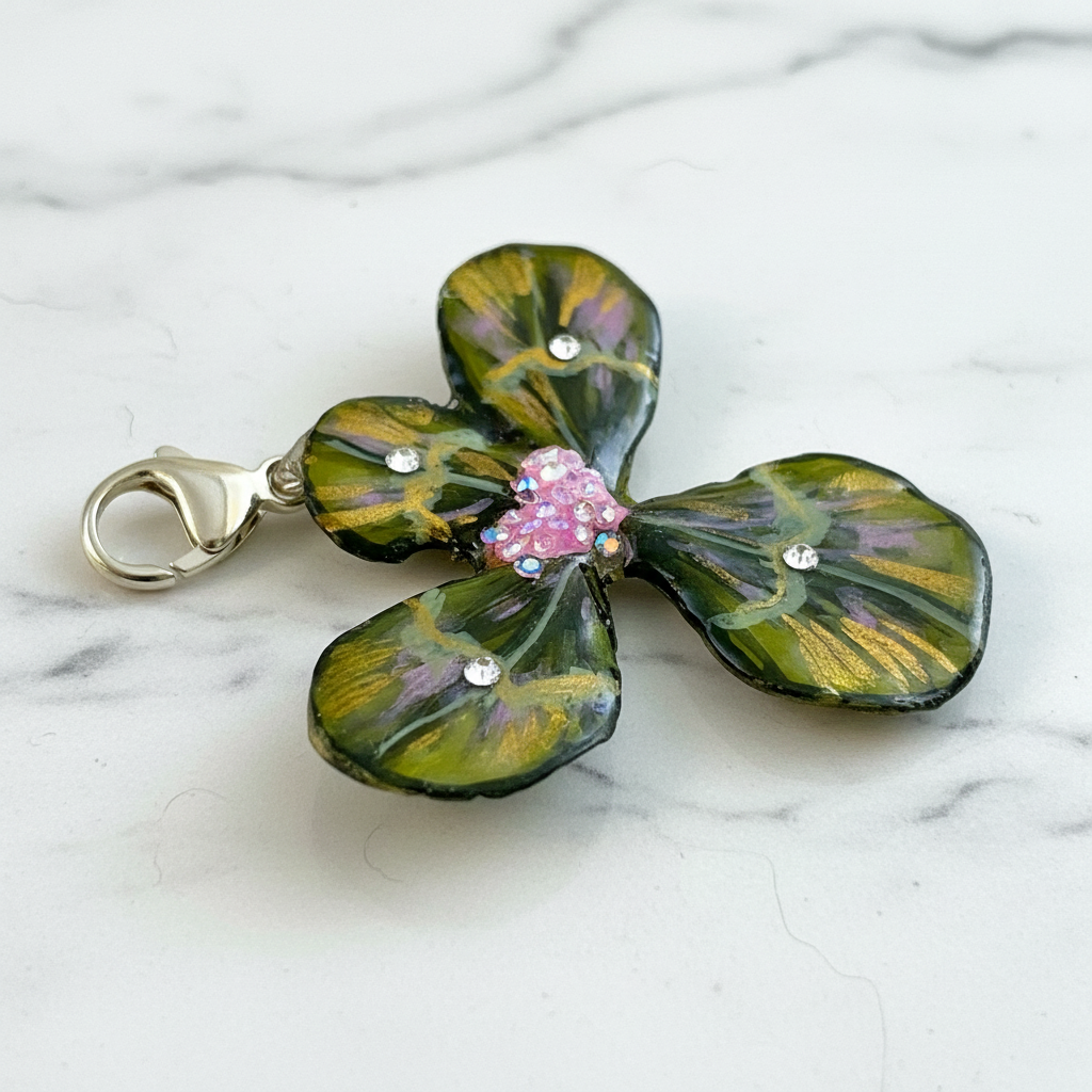 Ciondolo con quadrifoglio dipinto in oro e rosa