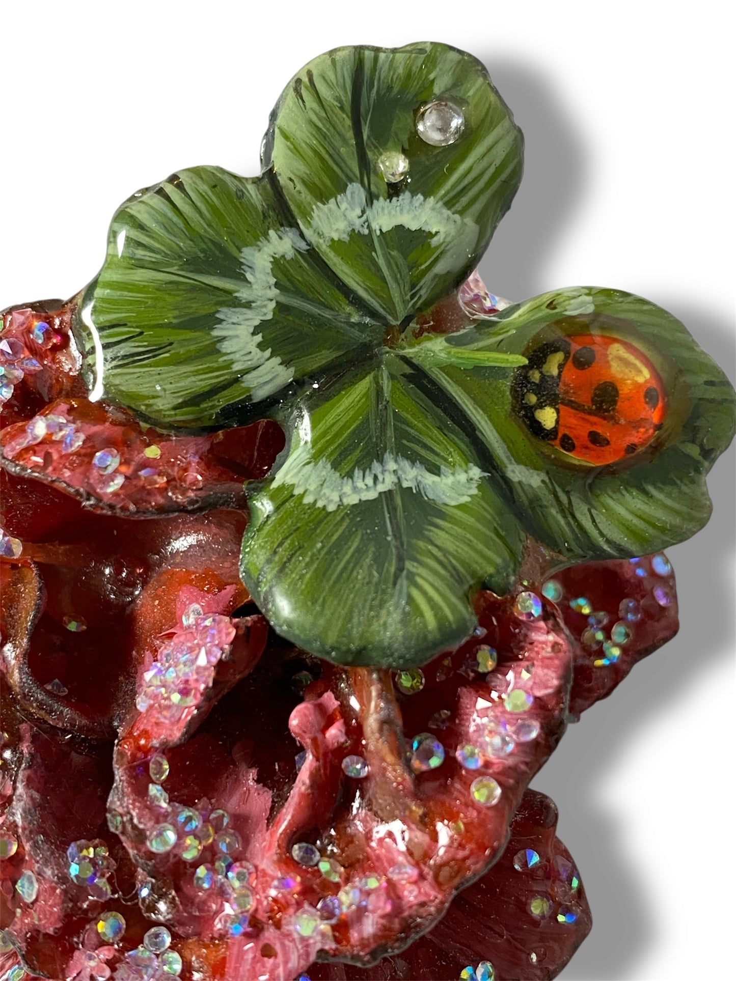 Spilla con Vera Rosa e Vero Quadrifoglio  – Gioiello Artigianale con Cristalli