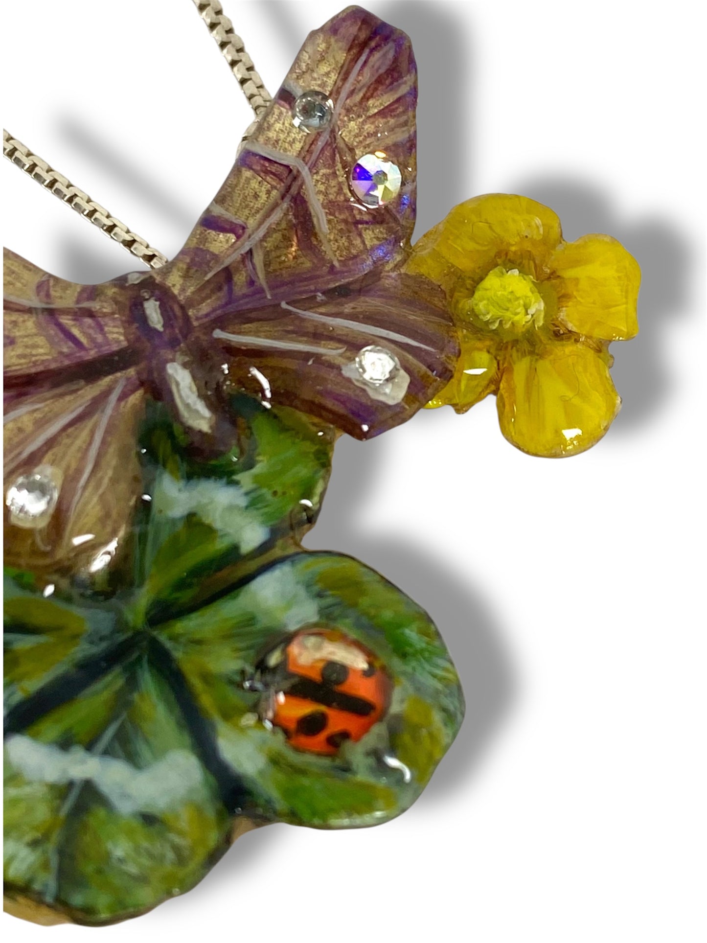 Ciondolo in Resina con Vero Quadrifoglio, veri fiori, Gancio in Argento 925