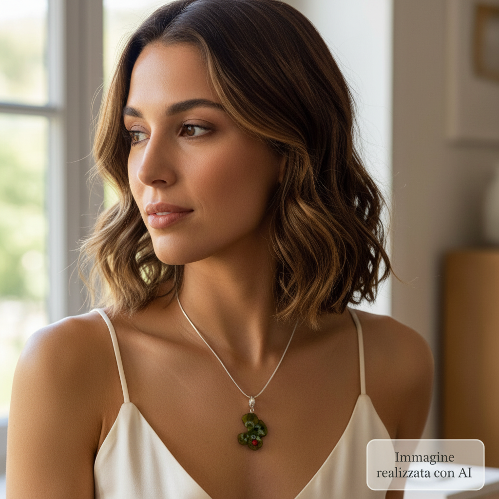 Ciondolo quadrifoglio, indossato da una donna con vestito elegante bianco, immagine realizzata con AI