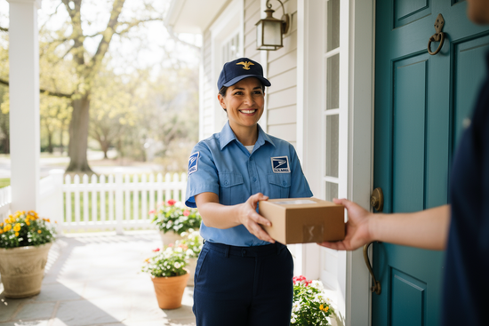 Immagine di postino che consegna un piccolo pacchetto