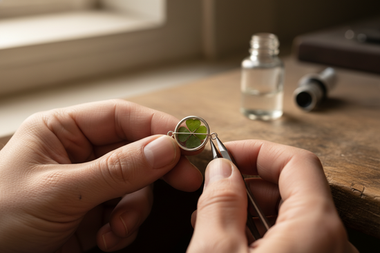 Mani che lavorano un gioiello creato con un vero quadrifoglio