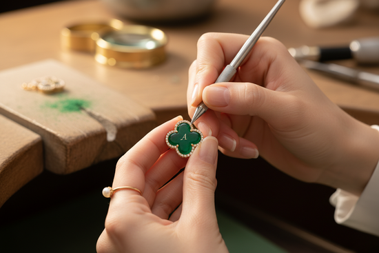 Mani che scrivono iniziali su un gioiello verde fatto a forma di quadrifoglio